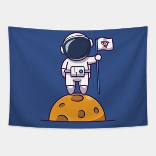 Cute Astronaut Standing On Moon And Holding Flag Cartoon Tapestry