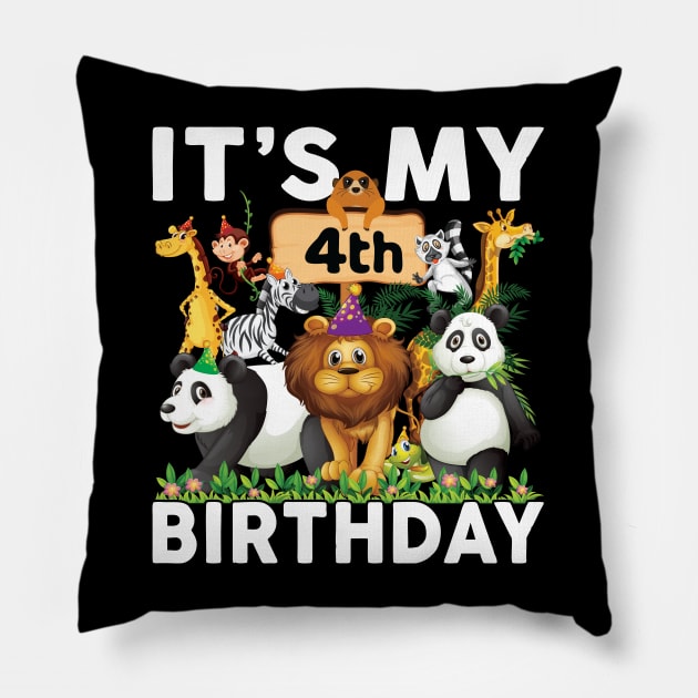 Safari Zoo Animals Lover Birthday Shirt Its My 4th Birthday Pillow by Sowrav