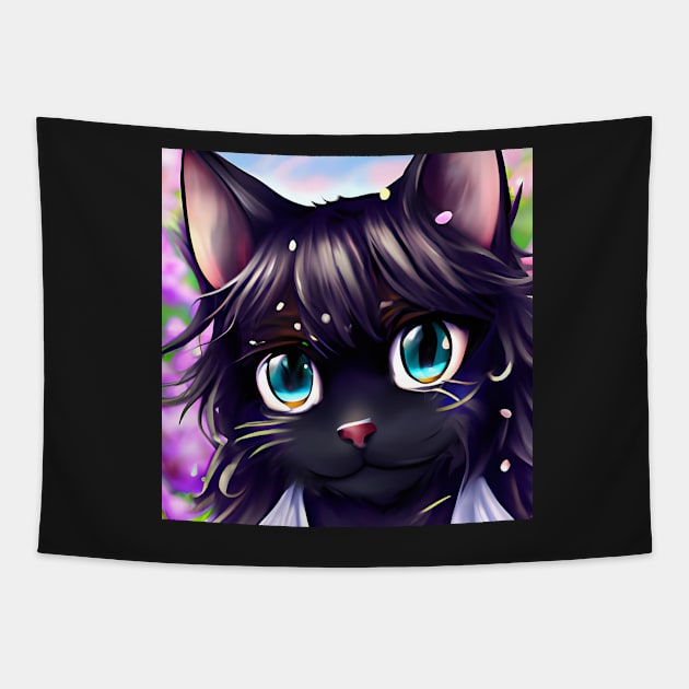 Anime Black Cat With Blue Eyes Tapestry by withdiamonds