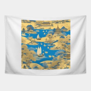 Blue and yellow chinoiserie landscape Tapestry