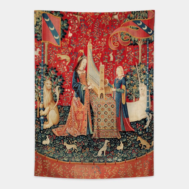 UNICORN AND LADY PLAYING ORGAN WITH ANIMALS,Hearing Tapestry by BulganLumini