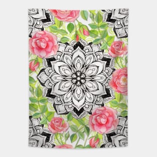 Peach Pink Roses and Mandalas on Lime Green and White Tapestry