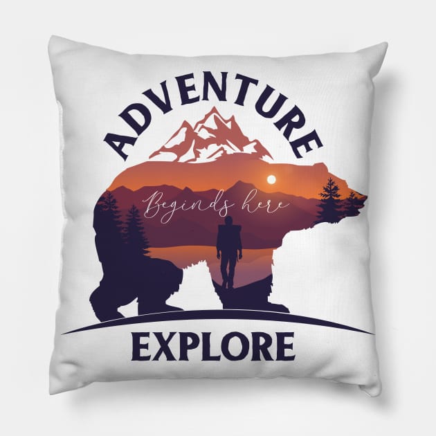 Bear Adventure Begins Here Pillow by Emart