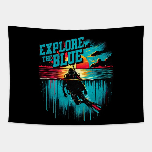 Explore the Blue Scuba Diver Design Tapestry by Miami Neon Designs