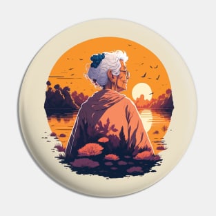 Old Woman in a River with a Sunset Pin