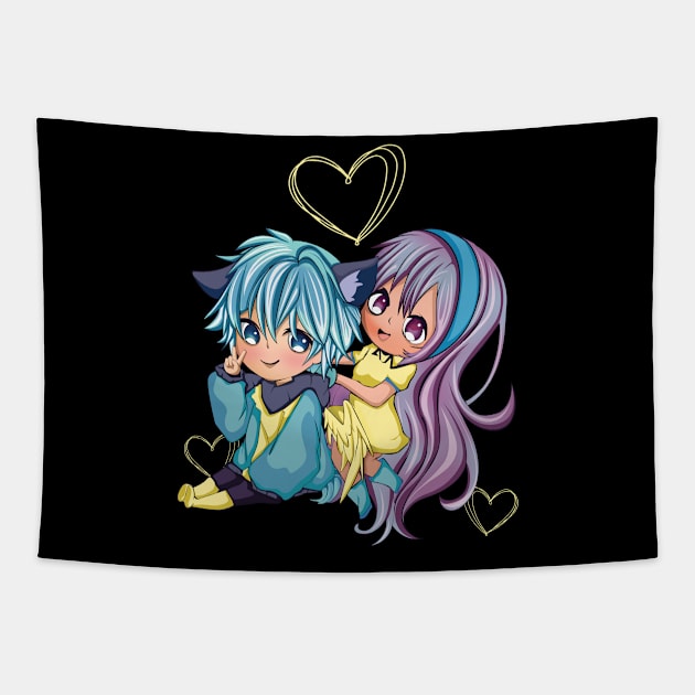 Kawaii Cute Anime Hearts Day Valentines Day Tapestry by CrissWild