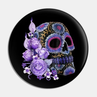 Purple Floral Black Sugar Skull Halloween Pin