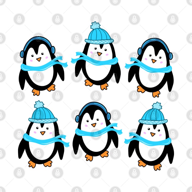 Festive Winter Penguins with Blue Scarves and Hats, made by EndlessEmporium by EndlessEmporium
