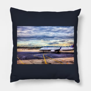 United Airlines And Manhattan Skyline At JFK Airport, New York Pillow