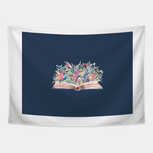 Watercolor Open Book with Florals on Navy Tapestry