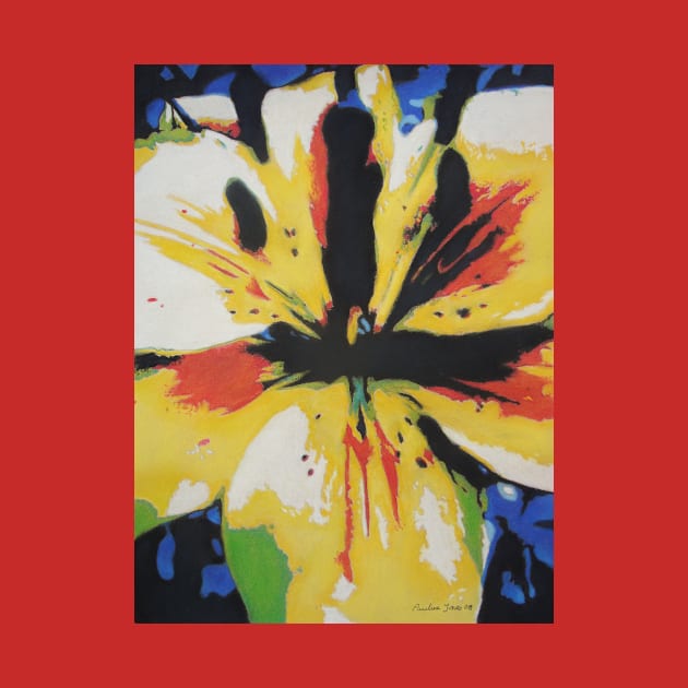 abstract painting of yellow, red and black flower by pollywolly