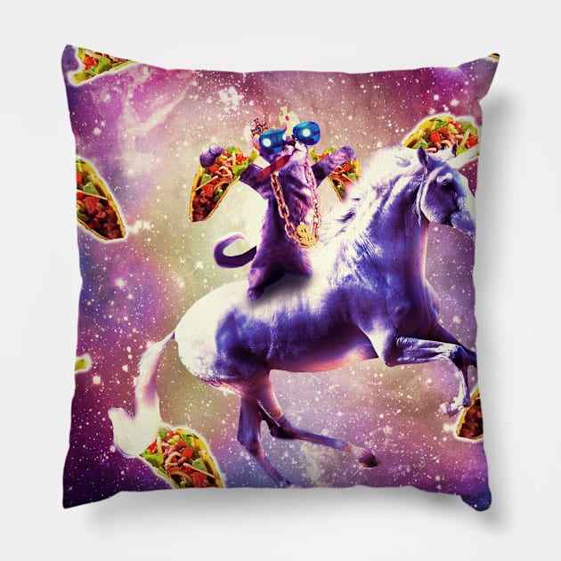 Thug Space Cat On Unicorn With Taco Pillow by Random Galaxy