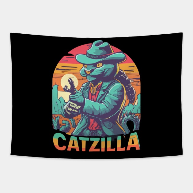 Vintage Catzilla Funny Cat Destroy Tapestry by kknows