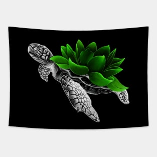 Detailed Sea Turtle with Neon Lotus Flower as Shell Tapestry