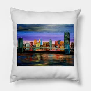 landscape abstract painting of the Brooklyn Bridge at mid day . Pillow