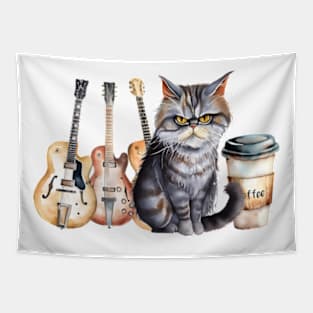 Funny Guitar Grumpy Cat Coffee Retro Cute Watercolor Tapestry