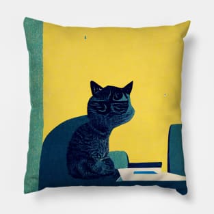 Office Manager Cat Retro Poster Vintage Art Office Wall Worker Yellow Illustration Pillow