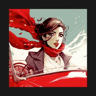 Beautiful woman driving in her convertible with a bright red scarf blowing in the wind. T-Shirt