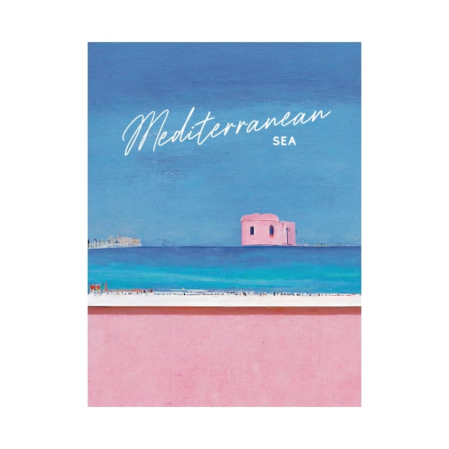 Pink House at the Beach Mediterranean Architecture Travel Poster Retro Wall Art Illustration by BetterManufaktur