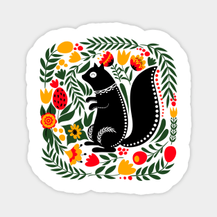 Folk Art Squirrel with Bright Flowers and Leaves Magnet