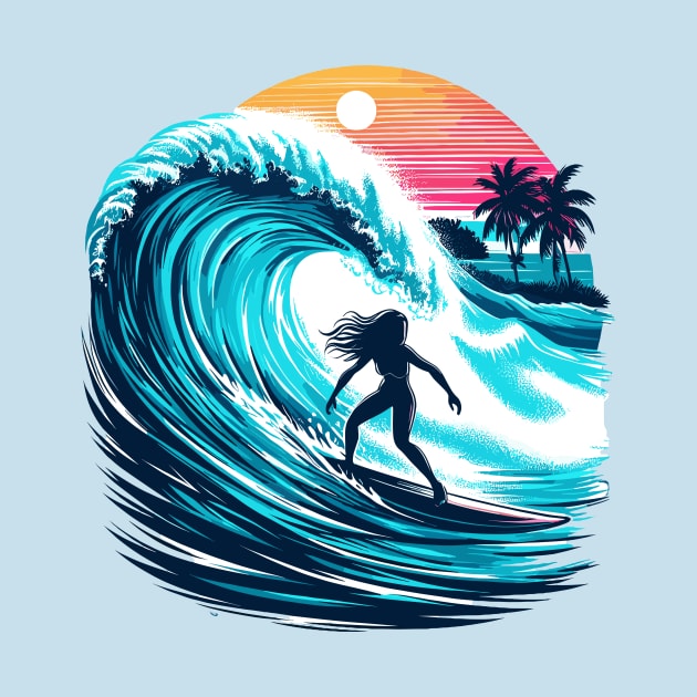 Surfer Girl Surfing A Big Wave At Sunset Beach Summer Vacation Surfing by Tees 4 Thee