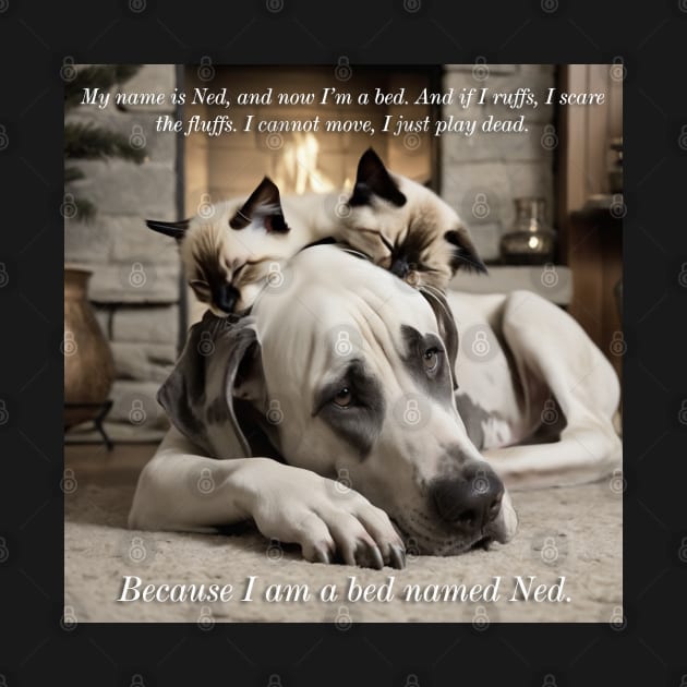 My name is Ned, and now I'm a bed. CUTE Great Dane with Kittens sleeping on top of him. Perfect gift for Vets and Cat and Dog moms and dads by akastardust