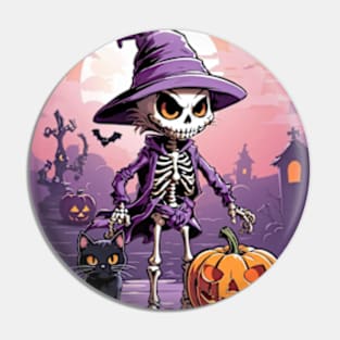 Well dressed Halloween skeleton with cat and pumpkin Pin