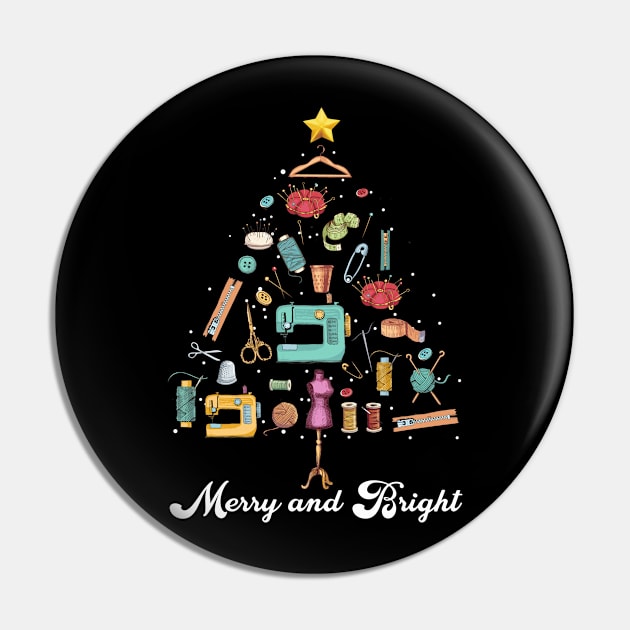 Merry and Bright Sewing Yarn Quilting Christmas Tree Pin by TeeSky