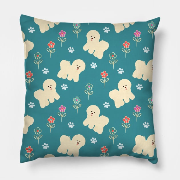 Bichon Frise and Flowers Pillow by LulululuPainting