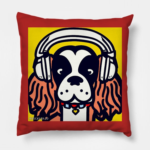 Spaniel Wearing Headphones Doodle Pillow by Pickledjo