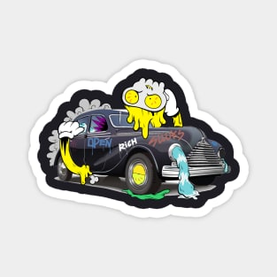 Dope mask cartoon man hugging a vintage car illustration Magnet