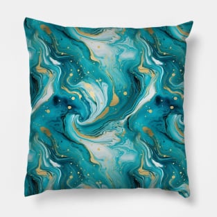 Turquoise and Gold Liquid Marble Texture Pillow