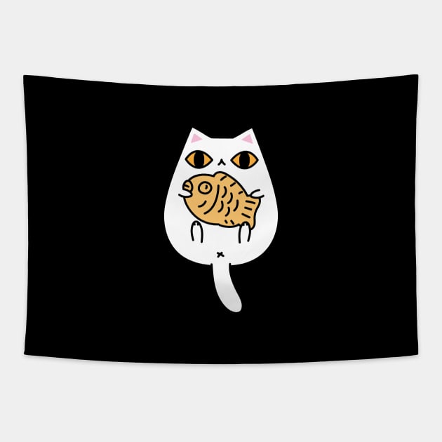 White Cat Holding a Taiyaki Cake Tapestry by Noristudio