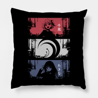 Lycoris recoil anime characters Chisato nishikigi and Takina inoue with lycoris recoil logo and their names in japan text Grunge distressed Pillow