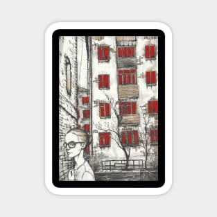 girl with glasses on the background of houses with red windows Magnet