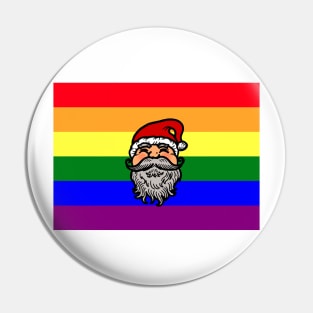 Drawing of Santa Claus face on gay pride flag background to celebrate Christmas Pin