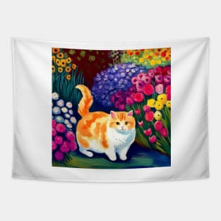 Orange and White Chonk in a Flower Garden Tapestry