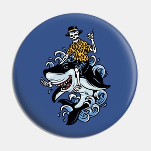 Shaka Sign Skelton Riding Shark Pin