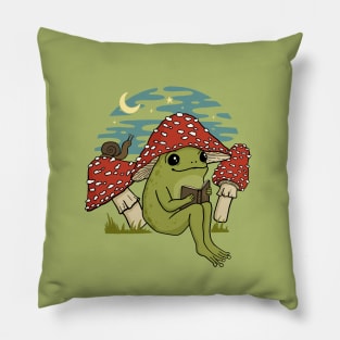 Cute Frog in Mushroom Hat Reading Book, Goblincore Toad, Novel Snail under Night Sky Pillow