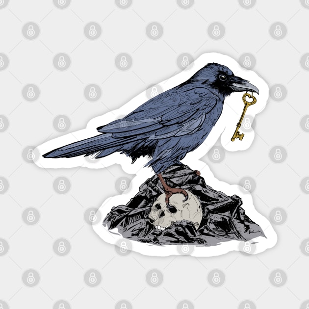 Raven with Golden Key on Rocks and Skull Magnet by NaturalDesign