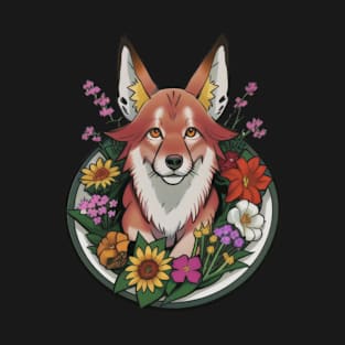 Playful Dhole Amidst Vibrant Flowers T-Shirt