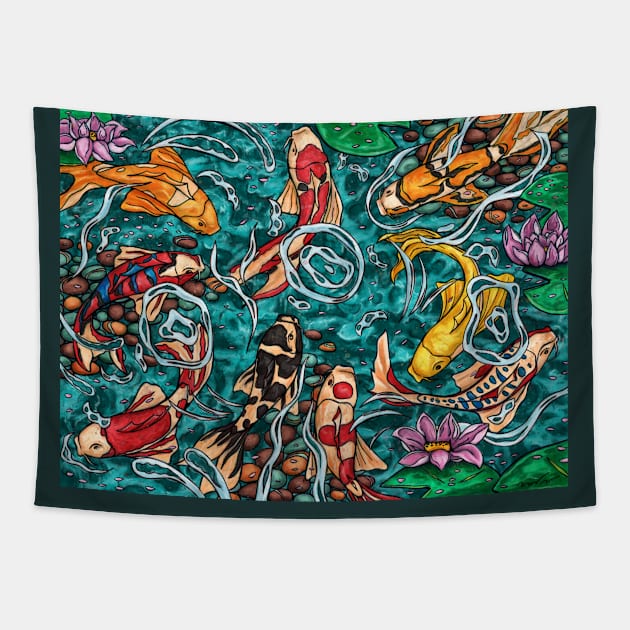 Nine koi fish in a japanese pond Tapestry by NadiaChevrel