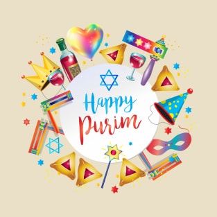 Happy Purim Kids Party Gifts Decoration Jewish Holiday Traditional symbols. Hamantaschen cookies, gragger toy noisemaker, clowns, balloons, masks, stars of David. Carnival. T-Shirt