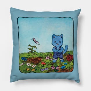 gardening cat garden flowers butterfly watercolor illustration Pillow