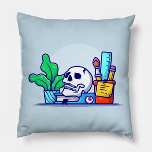 Creative Office Workspace with Skull, Book, and Plant Cartoon Vector Icon Illustration Pillow