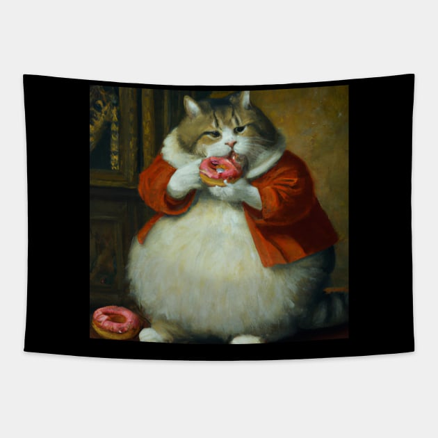 Chonky Cat snacking on a tasty donut Tapestry by Jellyworld