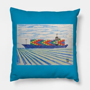 Container ship with cargo going across the ocean Pillow