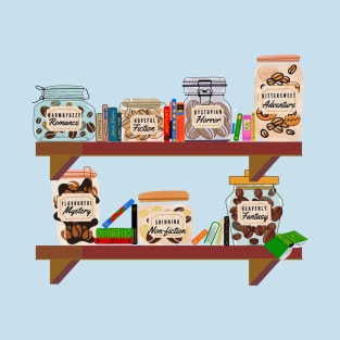 Coffee and reading - jars of coffee with book genre labels kept on a bookshelf with books T-Shirt