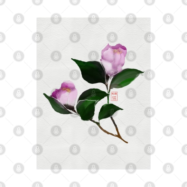 Deep pink watercolor and sumiE camellia flowers by cuisinecat