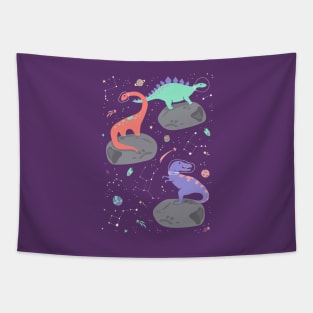 Dinosaurs Floating on an Asteroid in Purple Tapestry